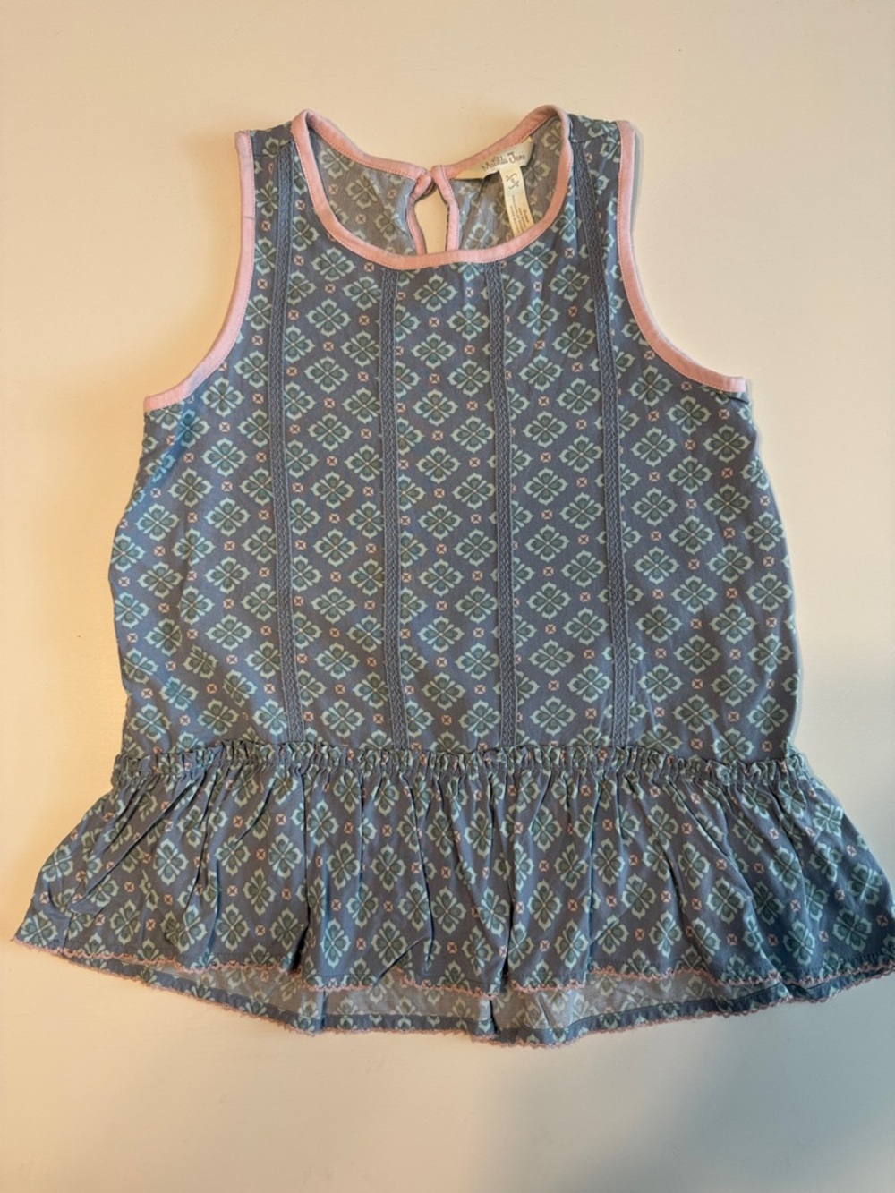 Matilda Jane Blue Patterned Peplum Tank with Pink Trim Sz 8 VGUC
